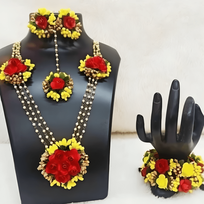 Artificial Flower Yellow Haldi Jewellery Set Floral