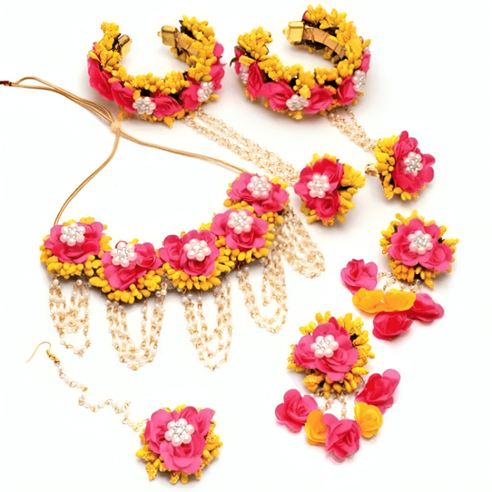 FLORAL JEWELRY SET - Beautiful Yellow, & Pink Floral Jewellery Set